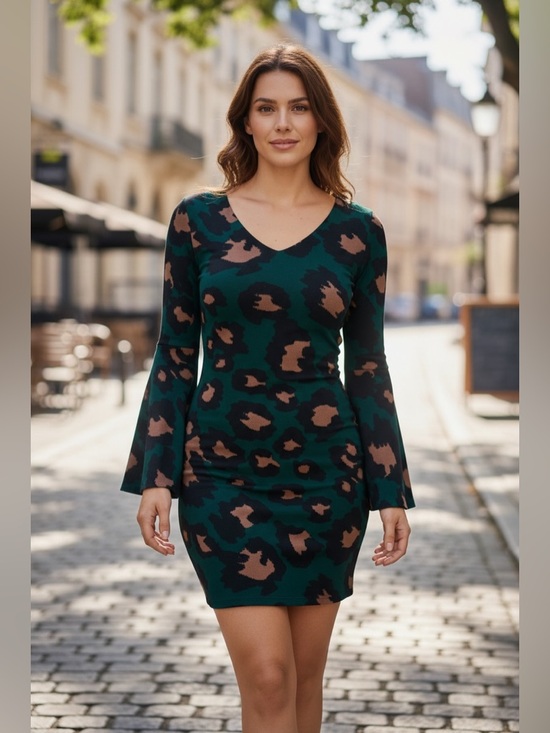 Judith March Dresses & Skirts - Judith March Deep Green Teal and Tan Leopard Print V-Neck Dress Size L